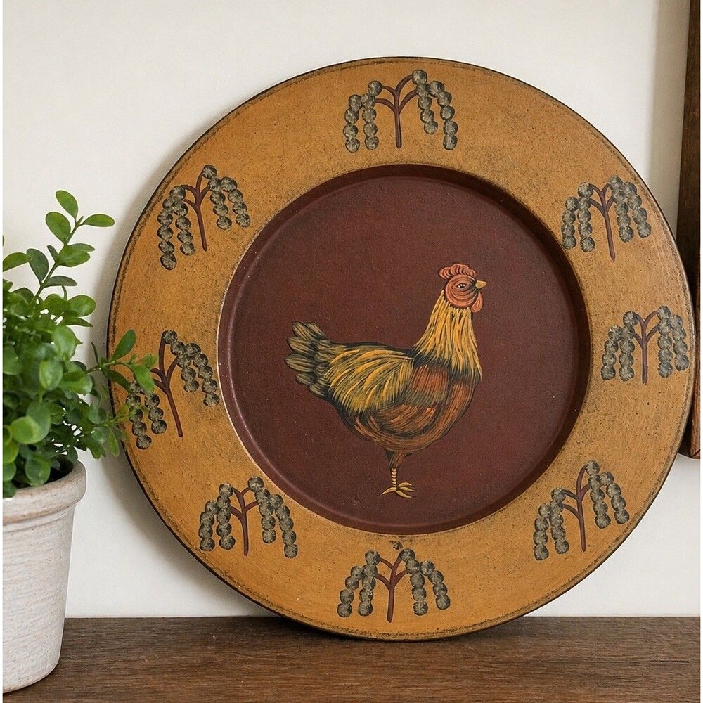 Vintage Primitive Rooster Plate Kathy Graybill Signed Folk Art Wood